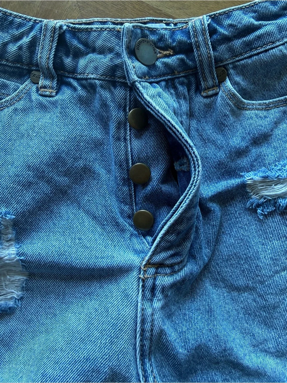 sisstrevolution Salt Lovin Distressed High-Rise Denim Shorts button fly